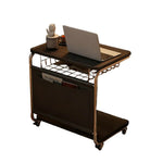 LIVARA 60cm Side Desk Wheels Base Multi-Tier Coffee Bedside - Metal Grain Top, Storage, Lockable Table, Computer Pocket, Wood Plated with C-Shaped Black