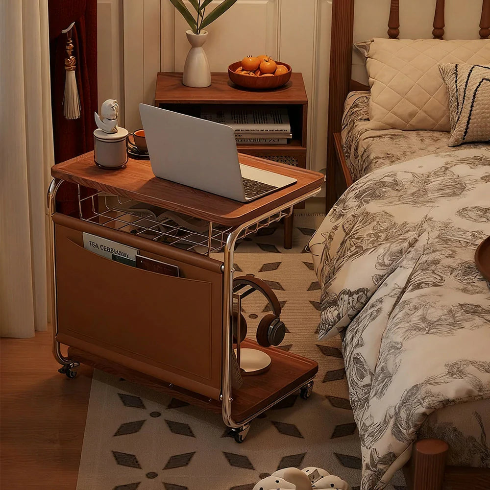 LIVARA 60cm Plated Pocket, Bedside Coffee Multi-Tier Computer Top, Side Metal Desk Lockable - with Grain Table, Storage, Wood Base C-Shaped Wheels Brown