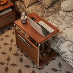 LIVARA 60cm Plated Pocket, Bedside Coffee Multi-Tier Computer Top, Side Metal Desk Lockable - with Grain Table, Storage, Wood Base C-Shaped Wheels Brown