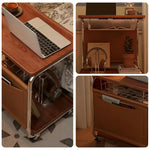 LIVARA 60cm Plated Pocket, Bedside Coffee Multi-Tier Computer Top, Side Metal Desk Lockable - with Grain Table, Storage, Wood Base C-Shaped Wheels Brown