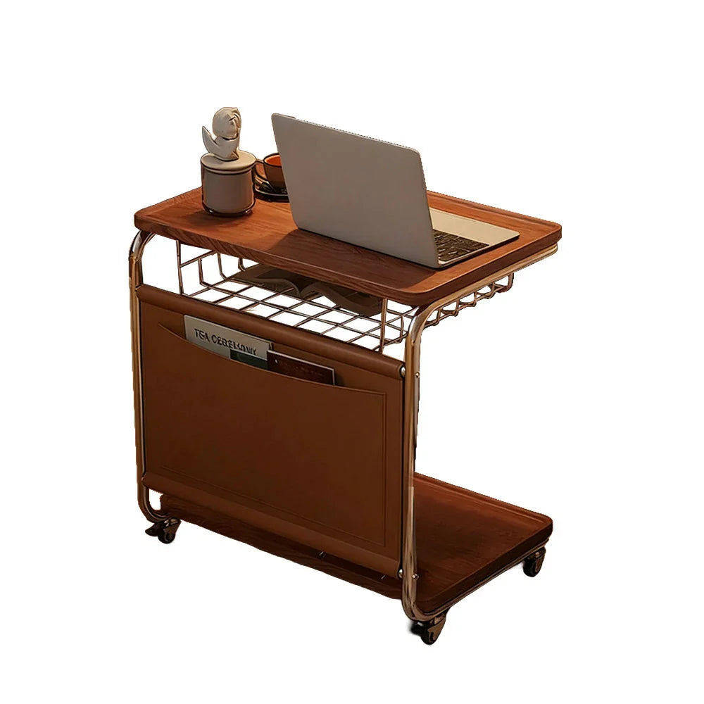 LIVARA 60cm Plated Pocket, Bedside Coffee Multi-Tier Computer Top, Side Metal Desk Lockable - with Grain Table, Storage, Wood Base C-Shaped Wheels Brown