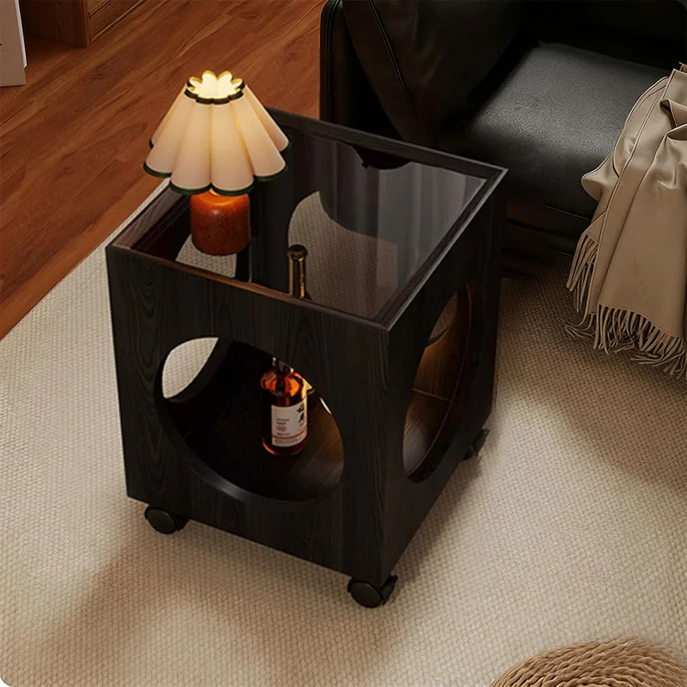 LIVARA 40cm Top, Glass Table, Coffee Lockable Wheels Tempered Storage, Open - Circular Black