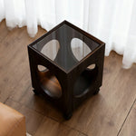 LIVARA 40cm Top, Glass Table, Coffee Lockable Wheels Tempered Storage, Open - Circular Black