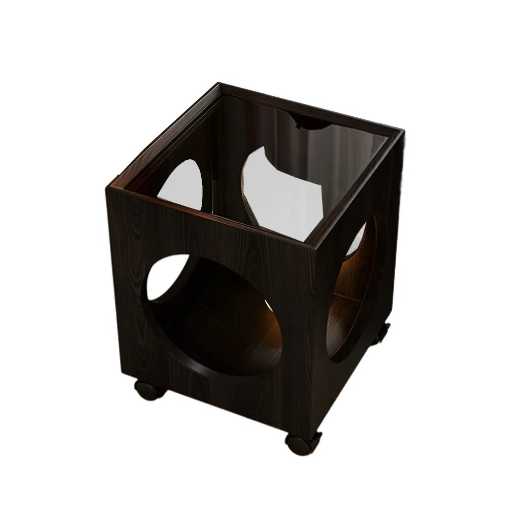 LIVARA 40cm Top, Glass Table, Coffee Lockable Wheels Tempered Storage, Open - Circular Black