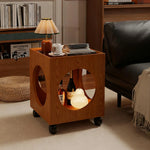LIVARA 40cm - Circular Open Tempered Glass Lockable Coffee Storage, Table, Wheels Top, Walnut