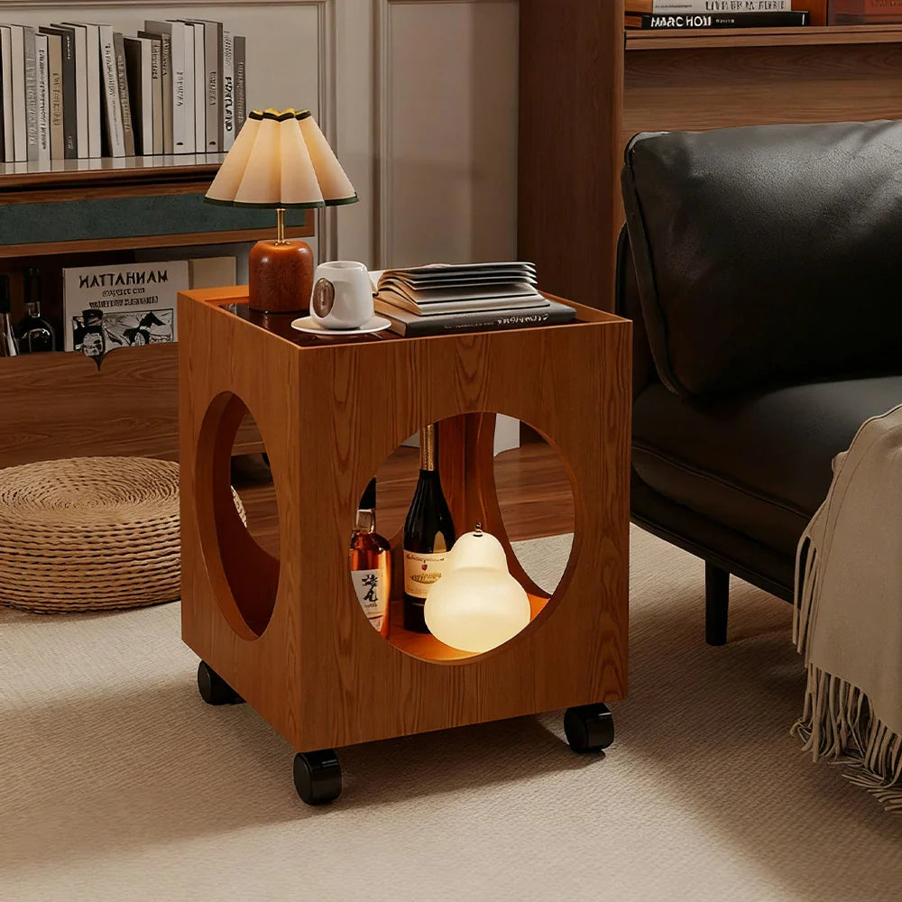 LIVARA 40cm - Circular Open Tempered Glass Lockable Coffee Storage, Table, Wheels Top, Walnut