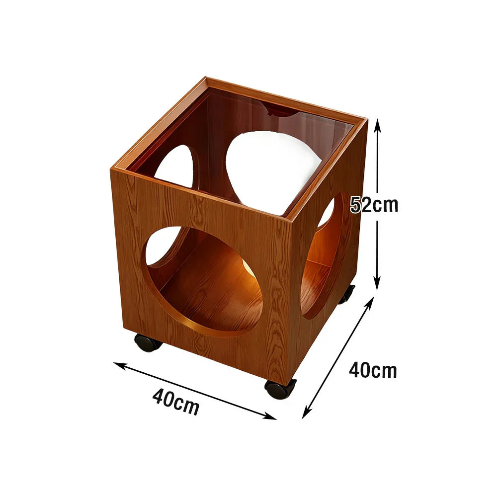 LIVARA 40cm - Circular Open Tempered Glass Lockable Coffee Storage, Table, Wheels Top, Walnut