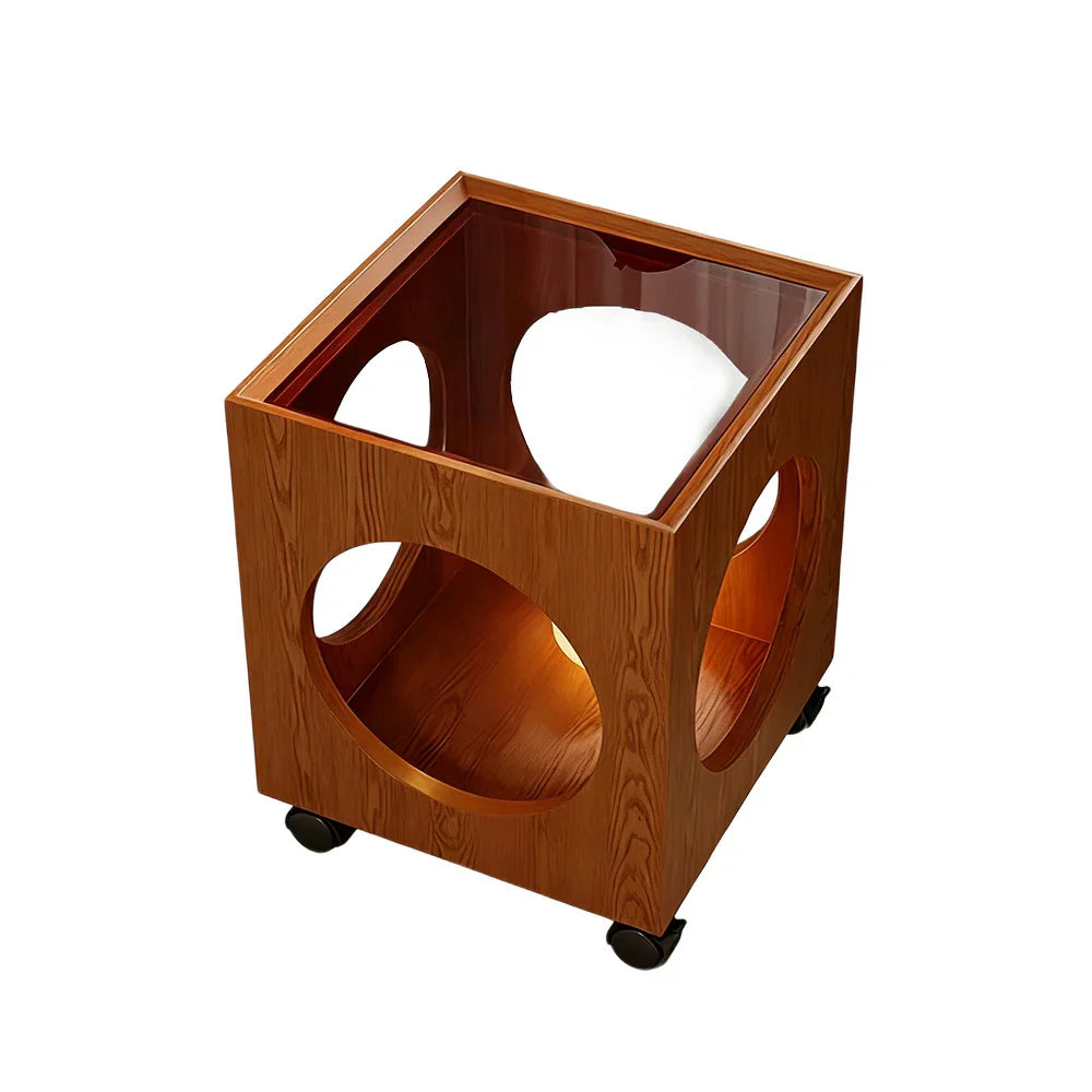 LIVARA 40cm - Circular Open Tempered Glass Lockable Coffee Storage, Table, Wheels Top, Walnut