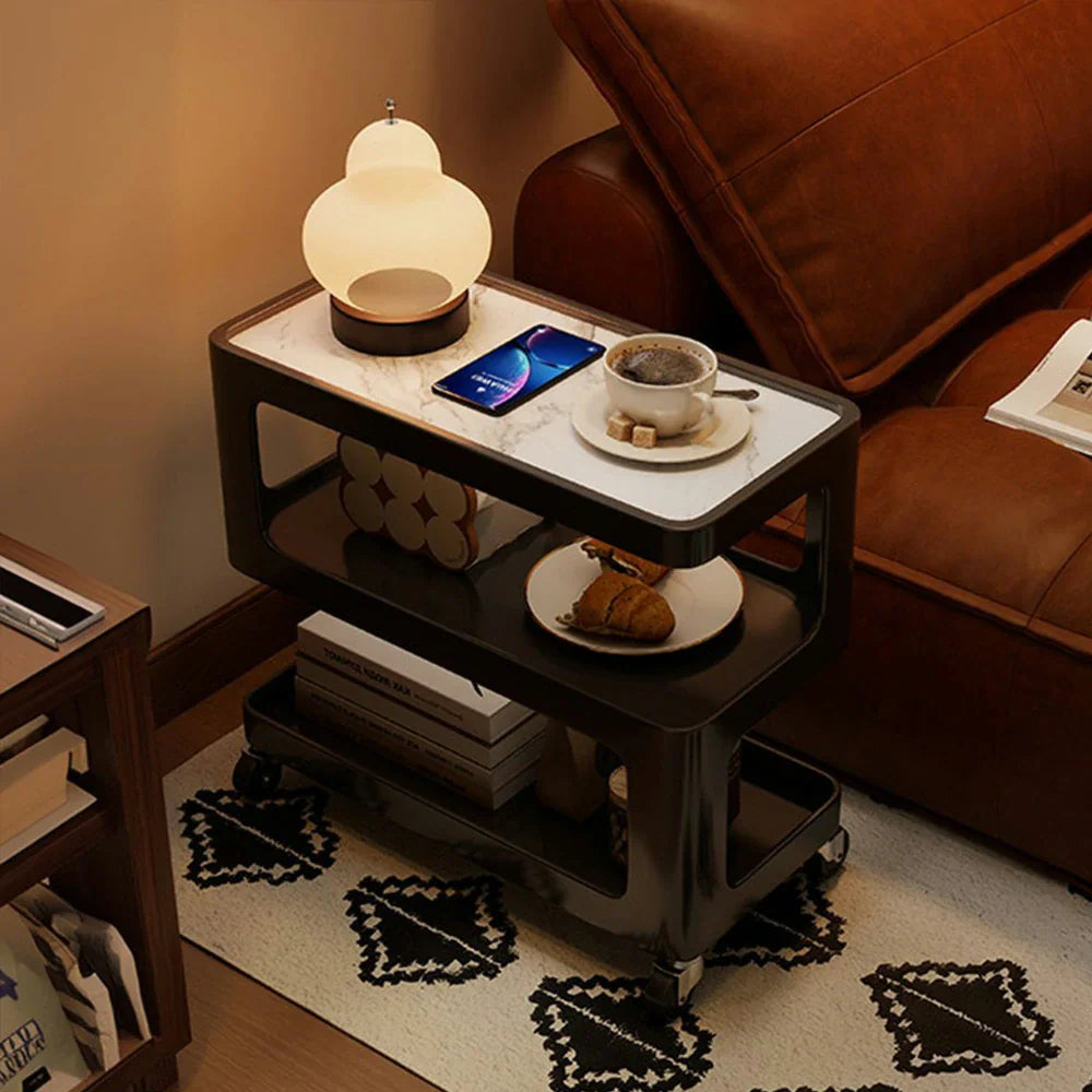 LIVARA Three‑Tier Sintered Stone Coffee Table with Lockable Steel Wheels, Matte Frame, Side Storage Black