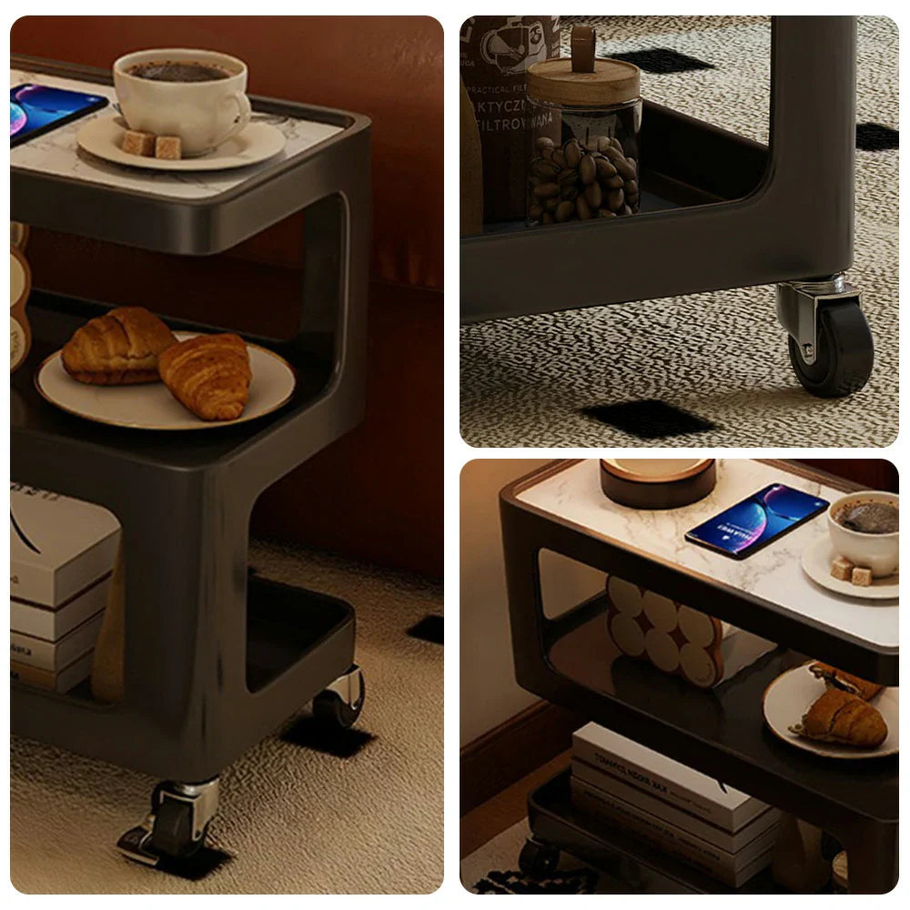 LIVARA Three‑Tier Sintered Stone Coffee Table with Lockable Steel Wheels, Matte Frame, Side Storage Black