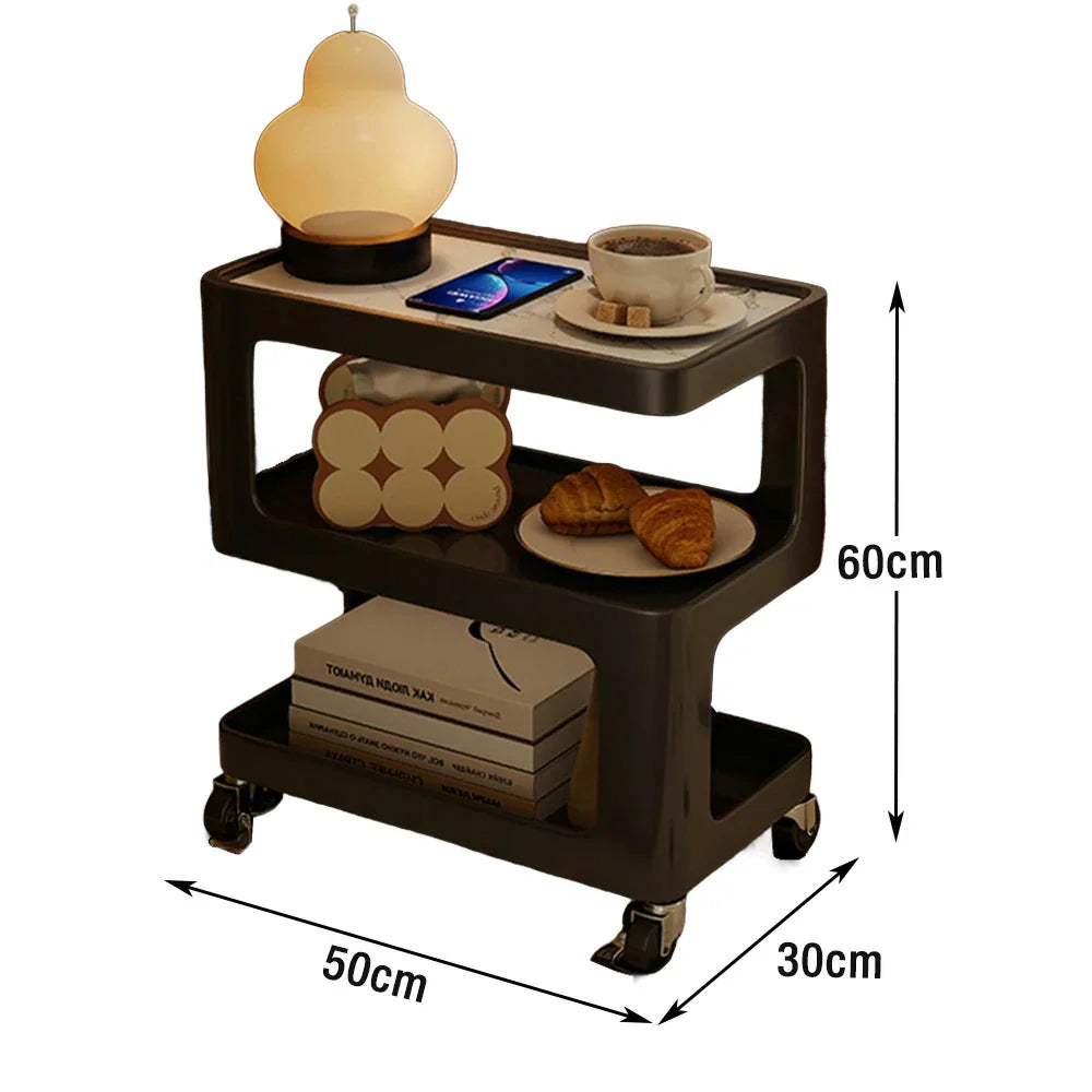 LIVARA Three‑Tier Sintered Stone Coffee Table with Lockable Steel Wheels, Matte Frame, Side Storage Black