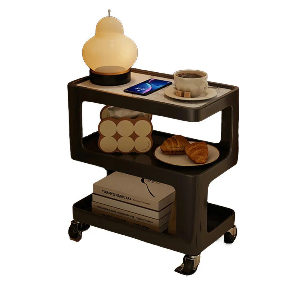LIVARA Three‑Tier Sintered Stone Coffee Table with Lockable Steel Wheels, Matte Frame, Side Storage Black