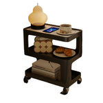 LIVARA Three‑Tier Sintered Stone Coffee Table with Lockable Steel Wheels, Matte Frame, Side Storage Black