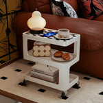 LIVARA Three‑Tier Sintered Stone Coffee Table with Lockable Steel Wheels, Matte Frame, Side Storage White