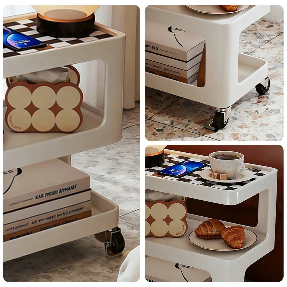 LIVARA Three‑Tier Sintered Stone Coffee Table with Lockable Steel Wheels, Matte Frame, Side Storage White