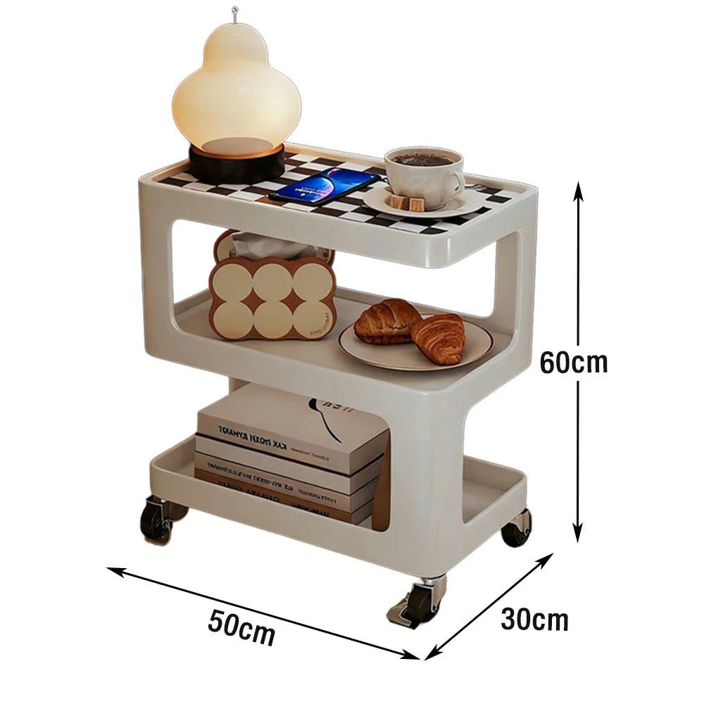 LIVARA Three‑Tier Sintered Stone Coffee Table with Lockable Steel Wheels, Matte Frame, Side Storage White