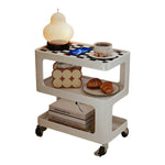 LIVARA Three‑Tier Sintered Stone Coffee Table with Lockable Steel Wheels, Matte Frame, Side Storage White