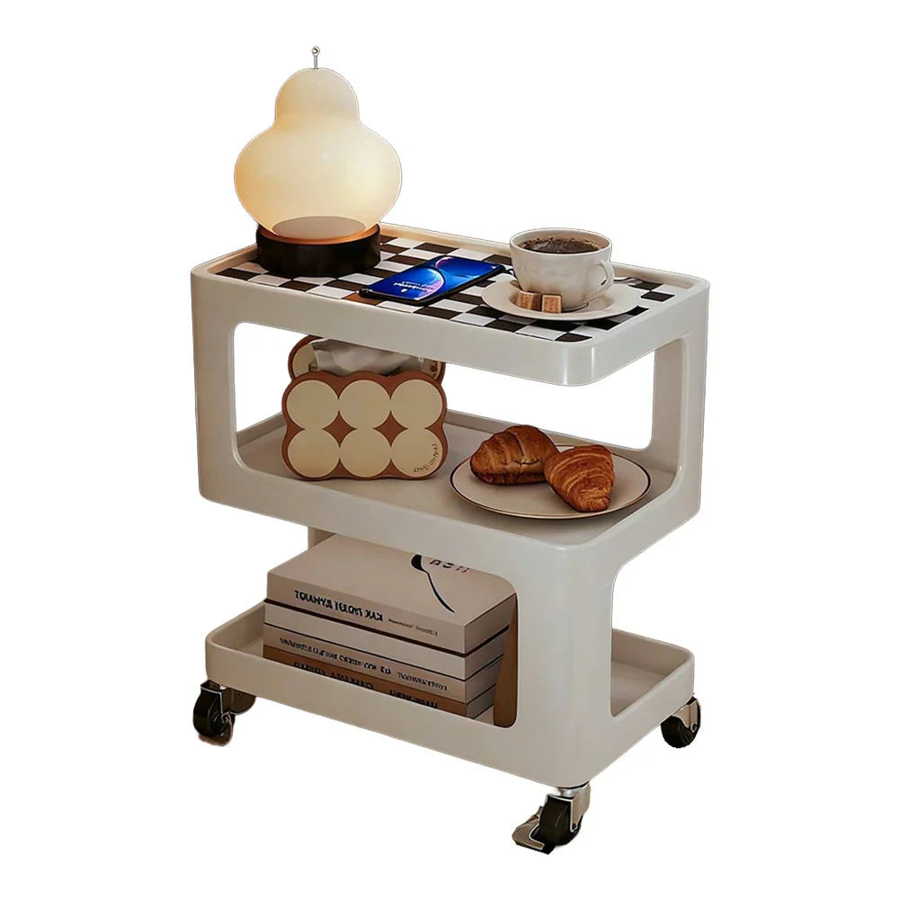 LIVARA Three‑Tier Sintered Stone Coffee Table with Lockable Steel Wheels, Matte Frame, Side Storage White
