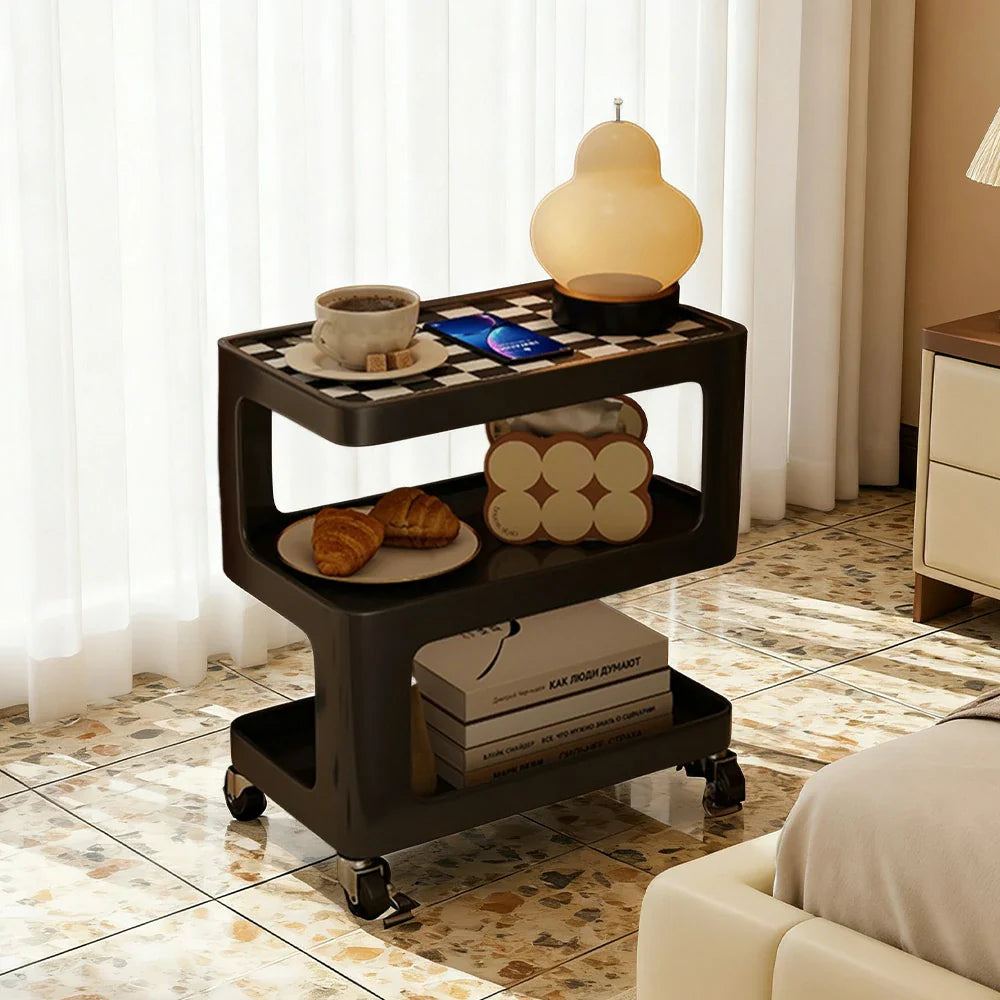 LIVARA Three‑Tier Sintered Stone Coffee Table with Lockable Steel Wheels, Matte Frame, Side Storage Black