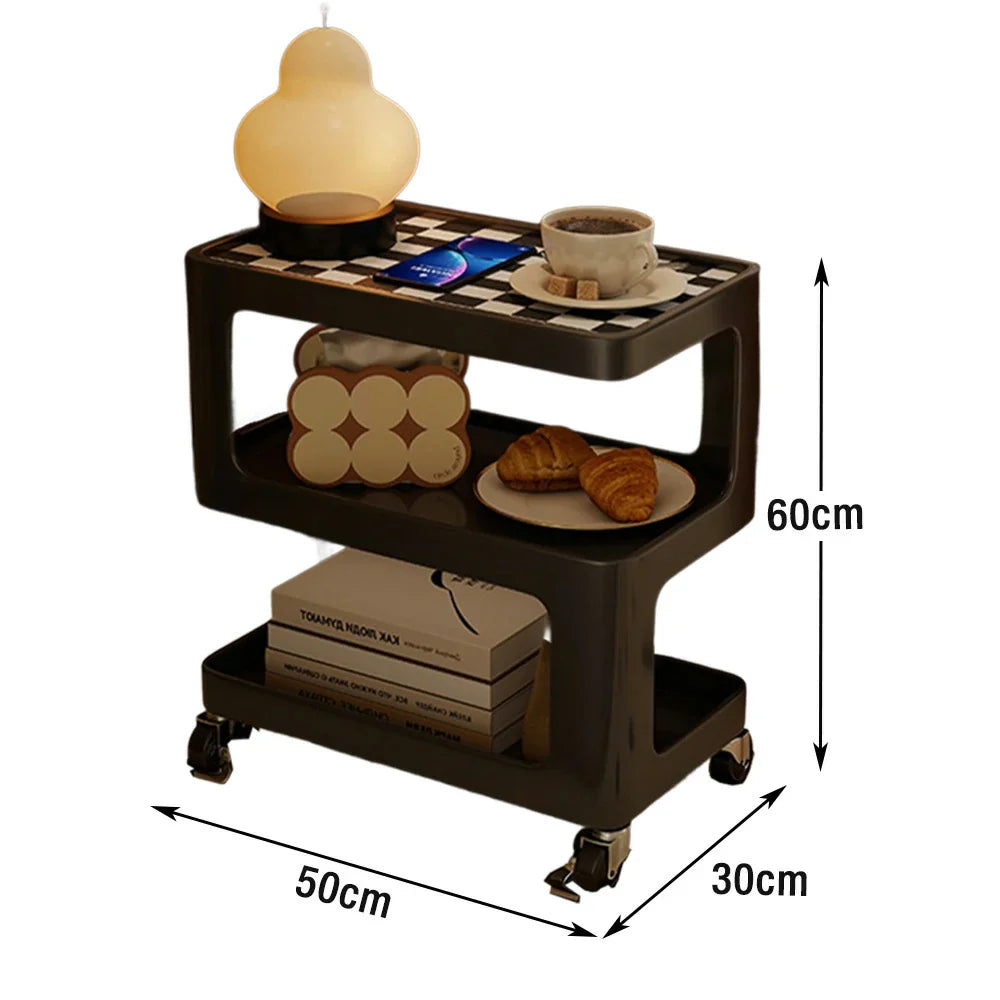 LIVARA Three‑Tier Sintered Stone Coffee Table with Lockable Steel Wheels, Matte Frame, Side Storage Black