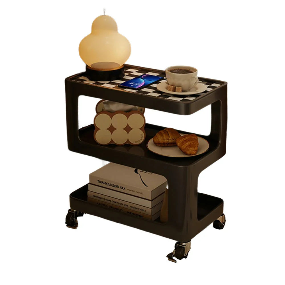 LIVARA Three‑Tier Sintered Stone Coffee Table with Lockable Steel Wheels, Matte Frame, Side Storage Black