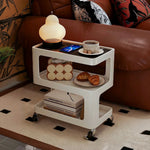 LIVARA Three‑Tier Sintered Stone Coffee Table with Lockable Steel Wheels, Matte Frame, Side Storage White