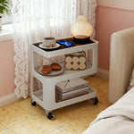 LIVARA Three‑Tier Sintered Stone Coffee Table with Lockable Steel Wheels, Matte Frame, Side Storage White