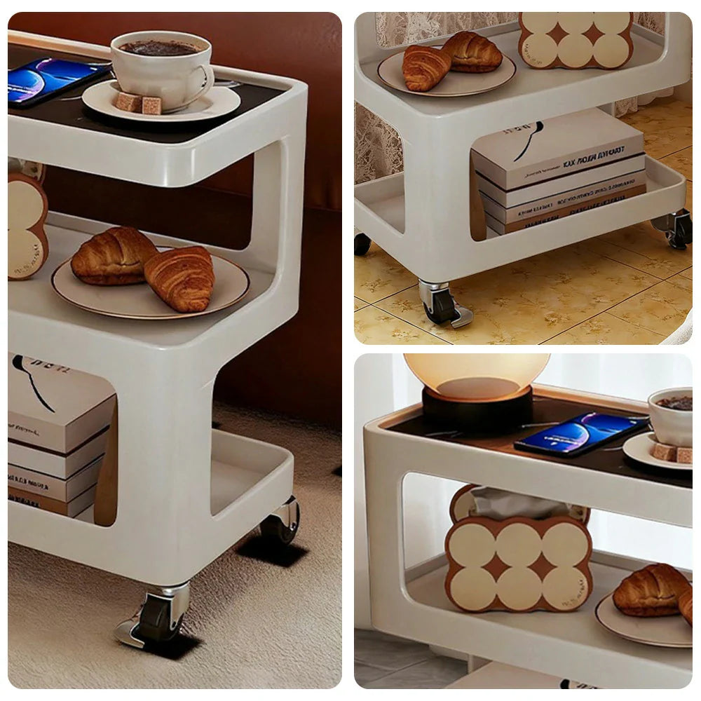 LIVARA Three‑Tier Sintered Stone Coffee Table with Lockable Steel Wheels, Matte Frame, Side Storage White