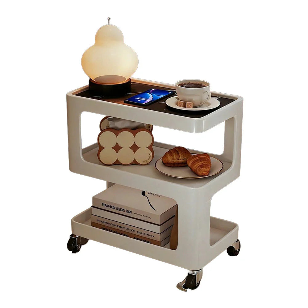 LIVARA Three‑Tier Sintered Stone Coffee Table with Lockable Steel Wheels, Matte Frame, Side Storage White