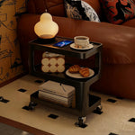 LIVARA Three‑Tier Sintered Stone Coffee Table with Lockable Steel Wheels, Matte Frame, Side Storage Black