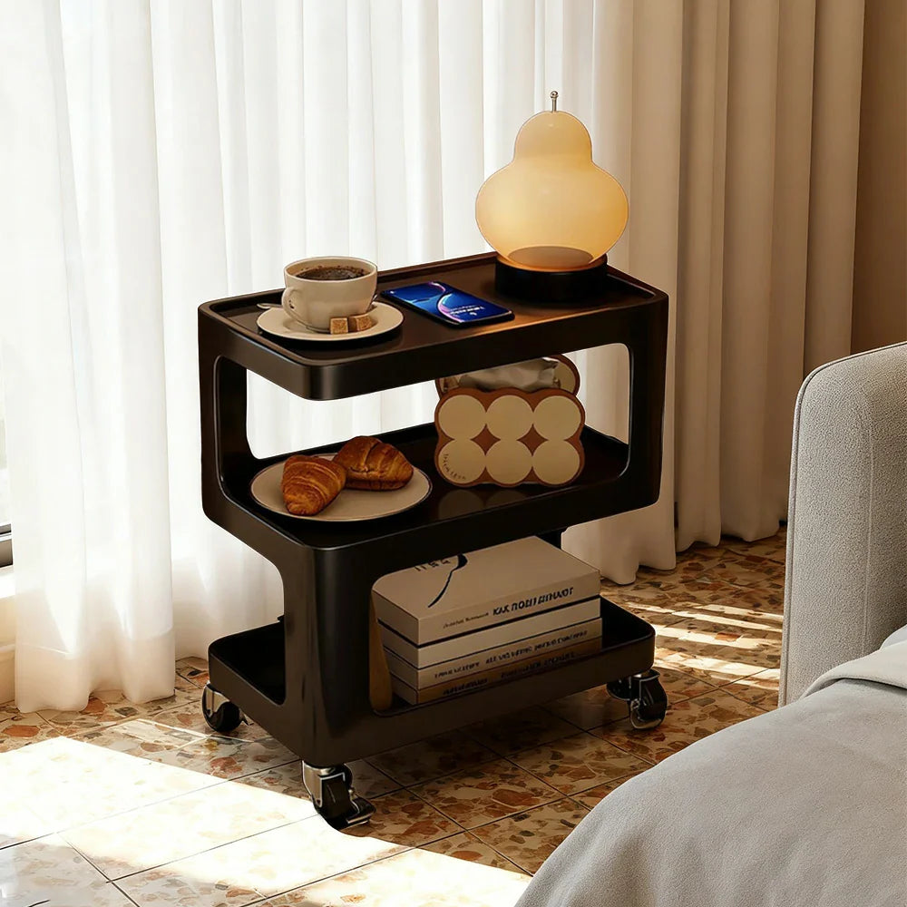LIVARA Three‑Tier Sintered Stone Coffee Table with Lockable Steel Wheels, Matte Frame, Side Storage Black