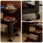 LIVARA Three‑Tier Sintered Stone Coffee Table with Lockable Steel Wheels, Matte Frame, Side Storage Black