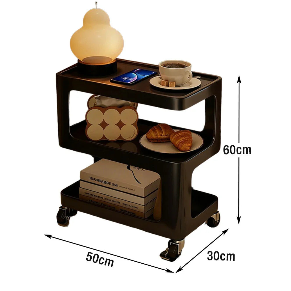 LIVARA Three‑Tier Sintered Stone Coffee Table with Lockable Steel Wheels, Matte Frame, Side Storage Black
