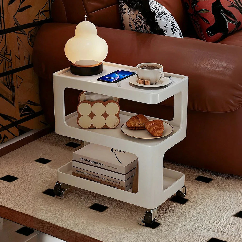 LIVARA Three‑Tier Sintered Stone Coffee Table with Lockable Steel Wheels, Matte Frame, Side Storage White