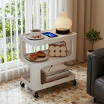 LIVARA Three‑Tier Sintered Stone Coffee Table with Lockable Steel Wheels, Matte Frame, Side Storage White