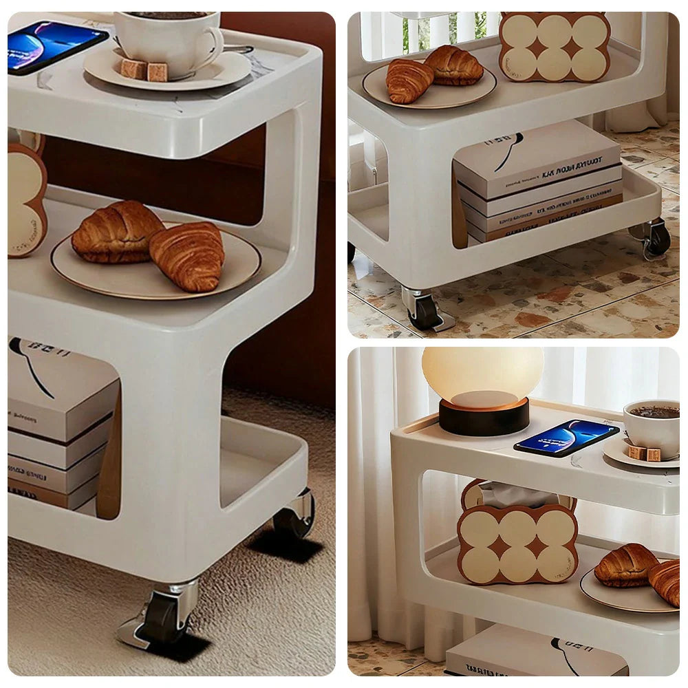 LIVARA Three‑Tier Sintered Stone Coffee Table with Lockable Steel Wheels, Matte Frame, Side Storage White