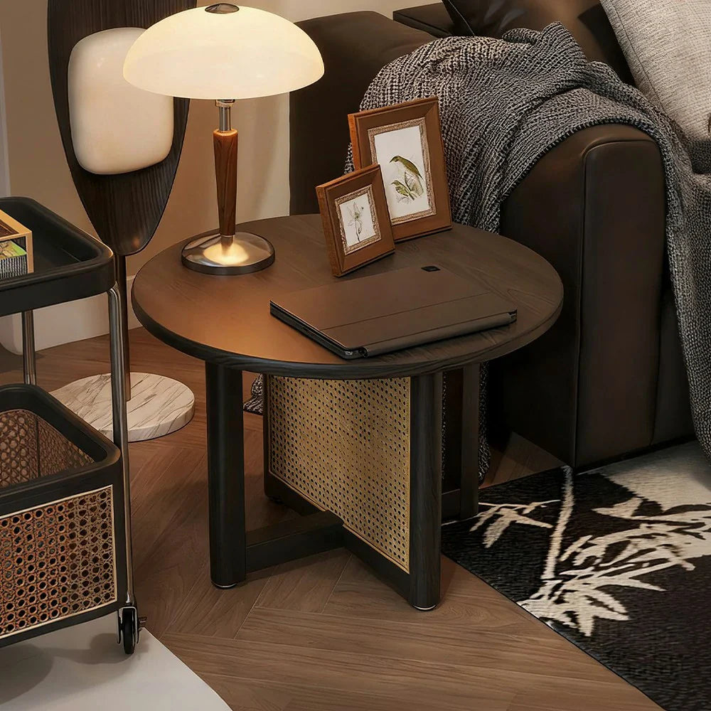 LIVARA Coffee - Rattan Legs with Corners, Table Reinforced Rounded Wood Handwoven Panels, Solid Frame, Storage, Black