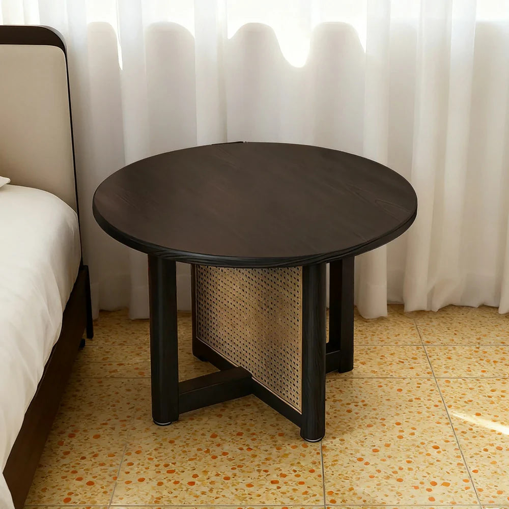 LIVARA Coffee - Rattan Legs with Corners, Table Reinforced Rounded Wood Handwoven Panels, Solid Frame, Storage, Black