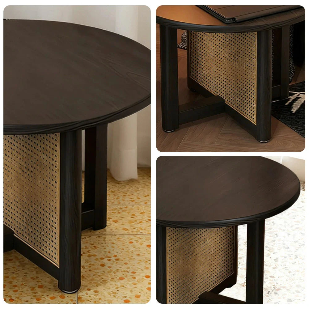 LIVARA Coffee - Rattan Legs with Corners, Table Reinforced Rounded Wood Handwoven Panels, Solid Frame, Storage, Black