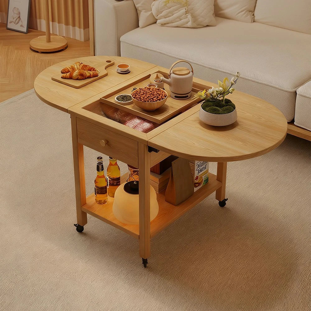 LIVARA Folding Top, Casters Table, Extendable Solid Storage with Coffee 3-in-1 Drawer, - Shelf Lockable Frame, Convertible Design Wood Wood
