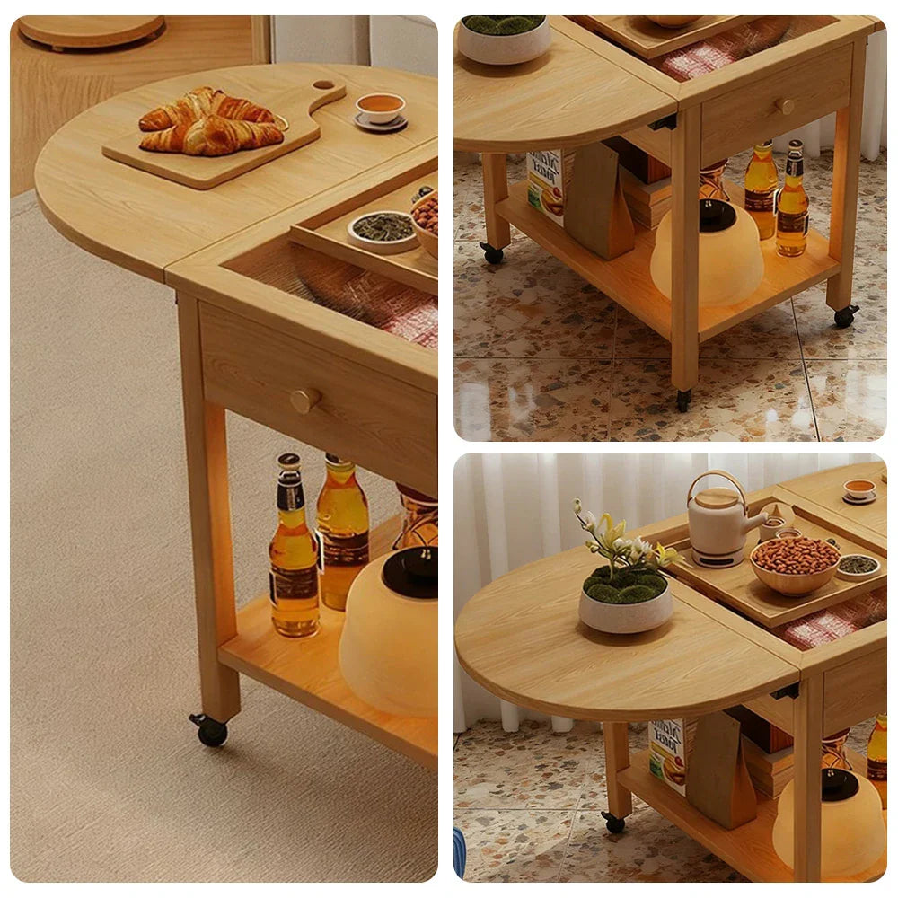 LIVARA Folding Top, Casters Table, Extendable Solid Storage with Coffee 3-in-1 Drawer, - Shelf Lockable Frame, Convertible Design Wood Wood