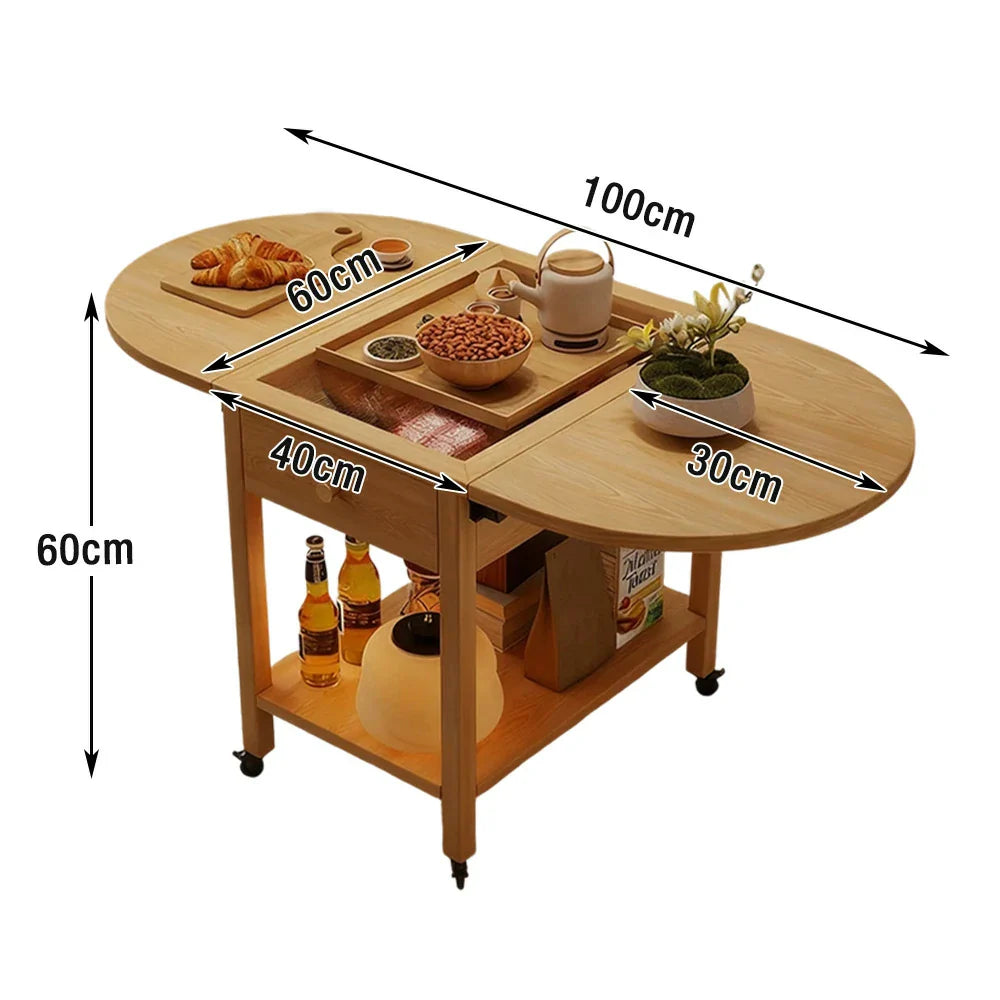 LIVARA Folding Top, Casters Table, Extendable Solid Storage with Coffee 3-in-1 Drawer, - Shelf Lockable Frame, Convertible Design Wood Wood