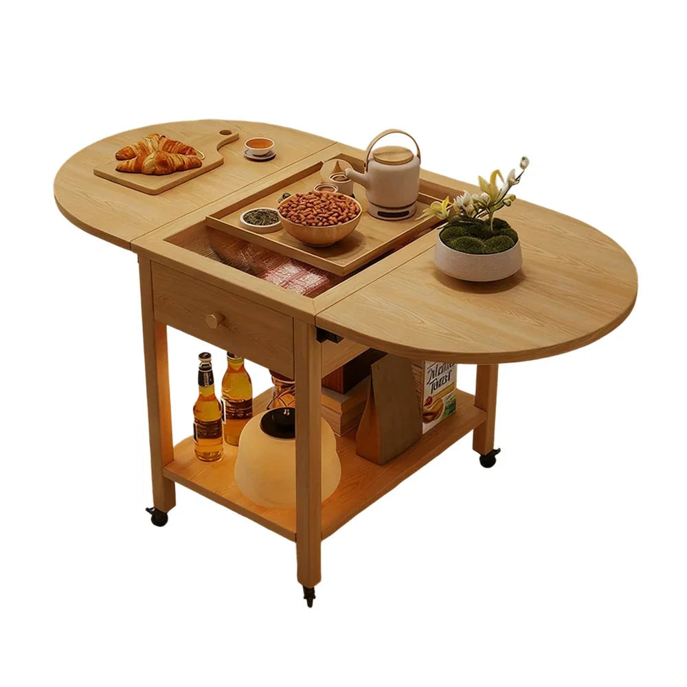 LIVARA Folding Top, Casters Table, Extendable Solid Storage with Coffee 3-in-1 Drawer, - Shelf Lockable Frame, Convertible Design Wood Wood