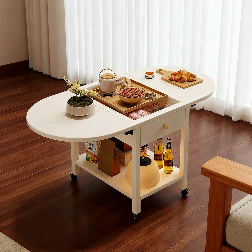 LIVARA Folding Shelf Storage 3-in-1 Convertible Casters - Design Lockable Solid Frame, Table, with Coffee Wood Drawer, Top, Extendable White