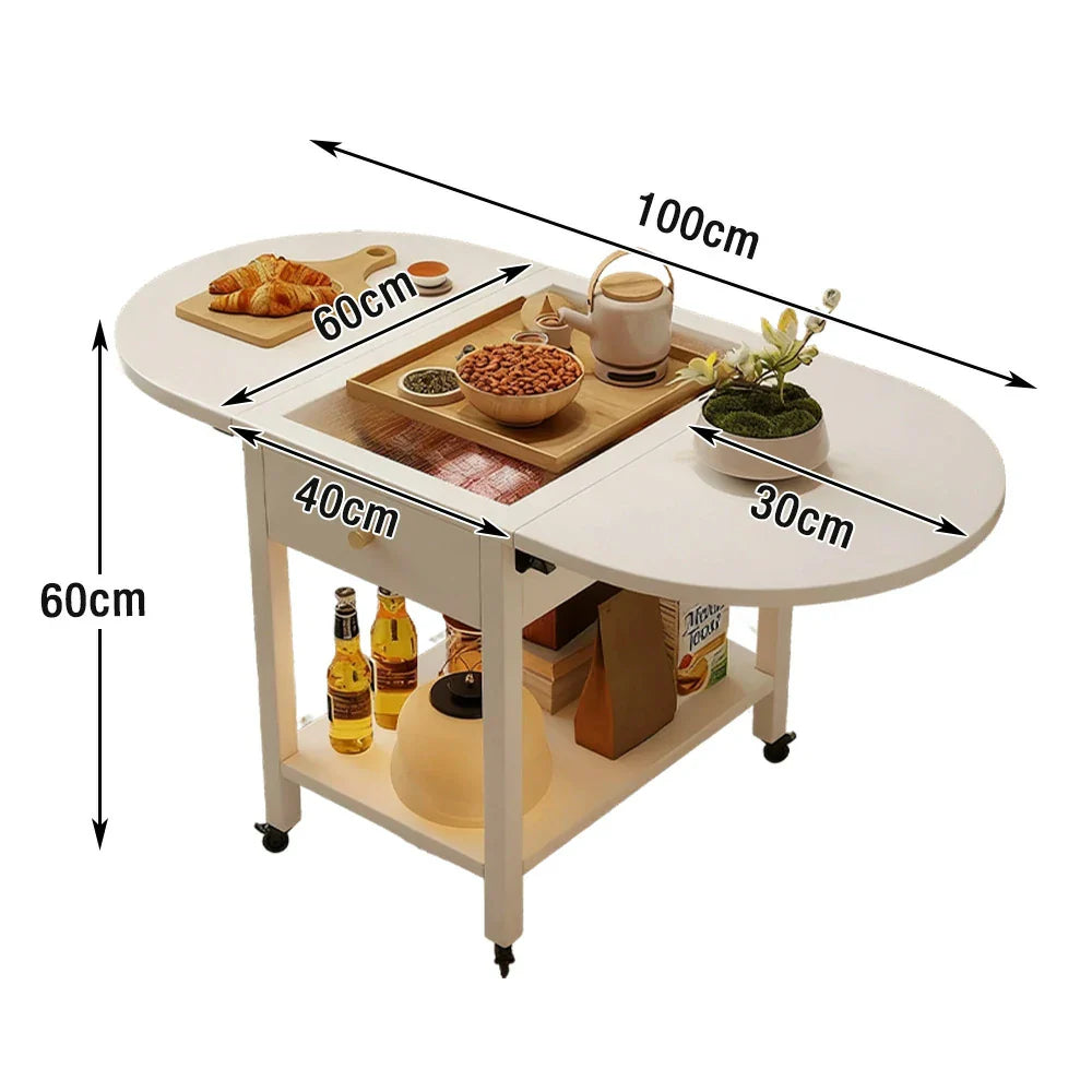 LIVARA Folding Shelf Storage 3-in-1 Convertible Casters - Design Lockable Solid Frame, Table, with Coffee Wood Drawer, Top, Extendable White