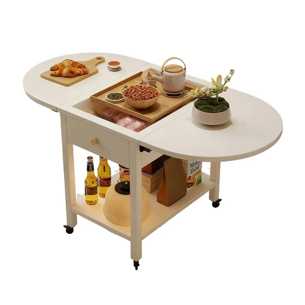 LIVARA Folding Shelf Storage 3-in-1 Convertible Casters - Design Lockable Solid Frame, Table, with Coffee Wood Drawer, Top, Extendable White