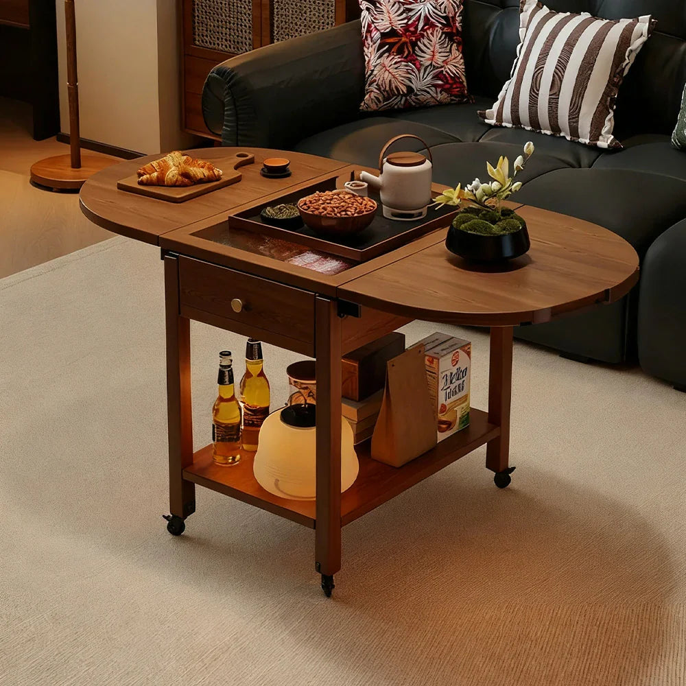 LIVARA Folding Table, Storage with Coffee Convertible 3-in-1 Wood Extendable Design Shelf Lockable Casters Top, Solid Drawer, Frame, - Walnut