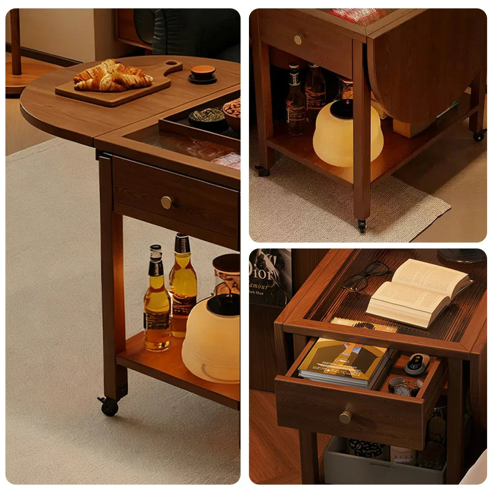 LIVARA Folding Table, Storage with Coffee Convertible 3-in-1 Wood Extendable Design Shelf Lockable Casters Top, Solid Drawer, Frame, - Walnut