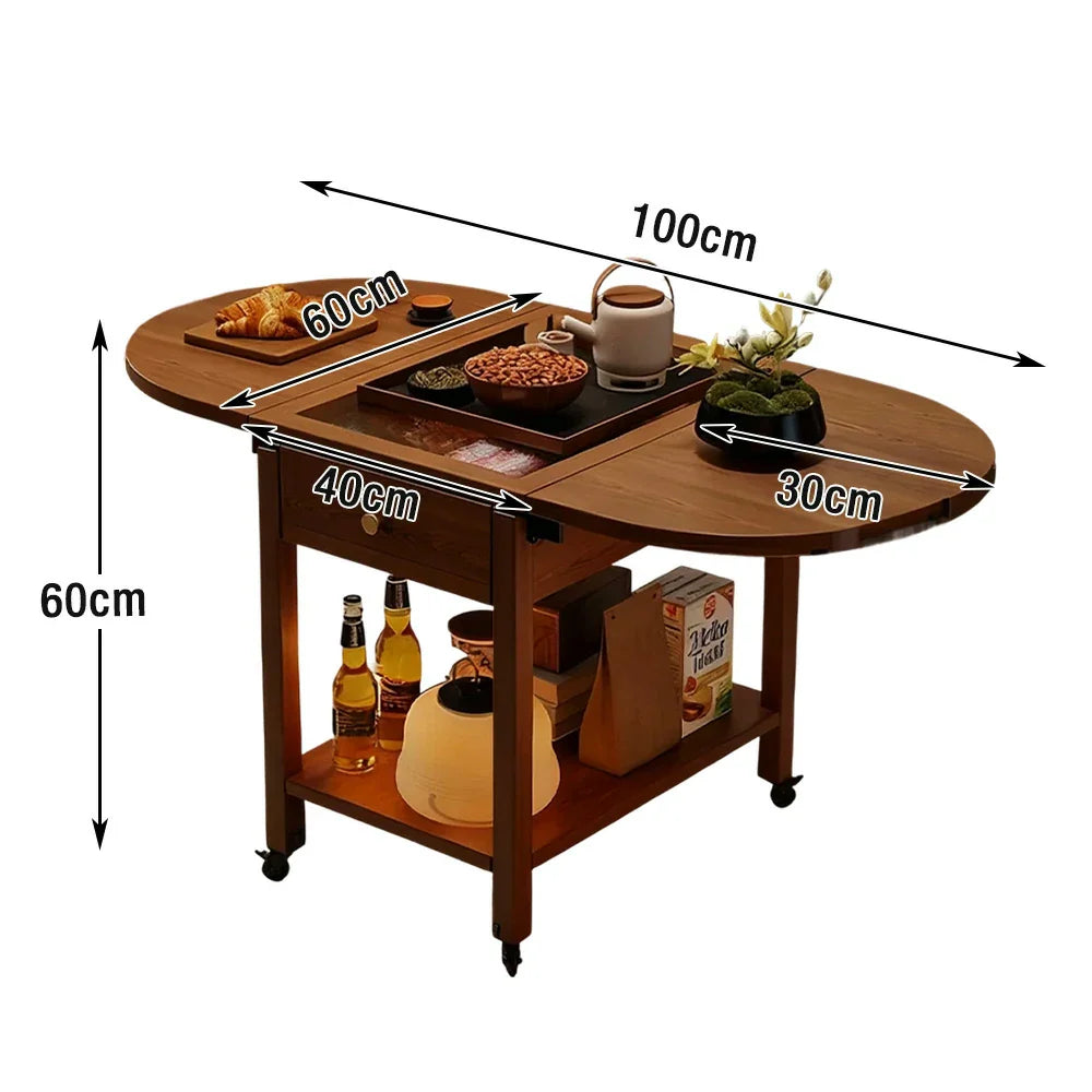 LIVARA Folding Table, Storage with Coffee Convertible 3-in-1 Wood Extendable Design Shelf Lockable Casters Top, Solid Drawer, Frame, - Walnut