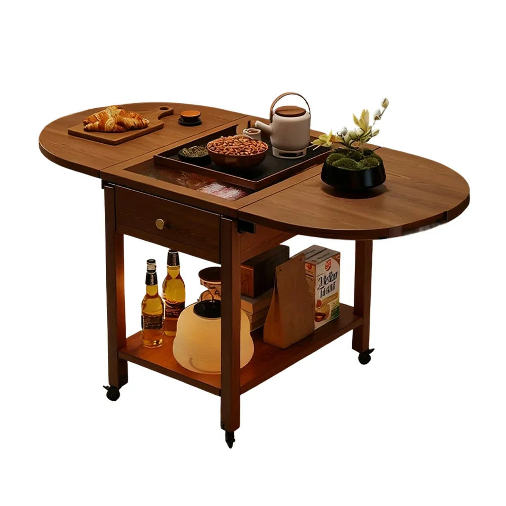 LIVARA Folding Table, Storage with Coffee Convertible 3-in-1 Wood Extendable Design Shelf Lockable Casters Top, Solid Drawer, Frame, - Walnut